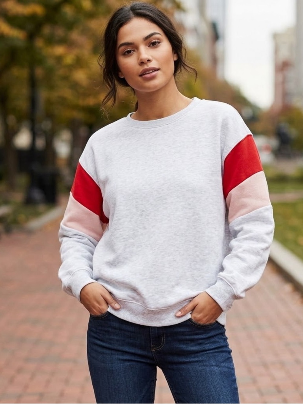 Forever 21 Gray Crewneck Sweatshirt with Red and Pink Sleeve Panels, Size Large